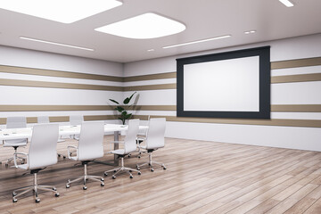Bright wooden meeting room interior with blank white mock up presentation poster and furniture. 3D Rendering.