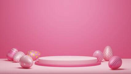 Happy easter product display stand. Easter podium on pastel pink background 3D rendering.