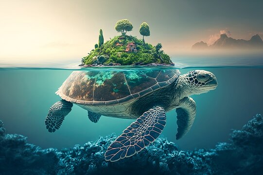 Sea turtle with island on its back. Island on a sea turtle. Generative AI. Imagination concept
