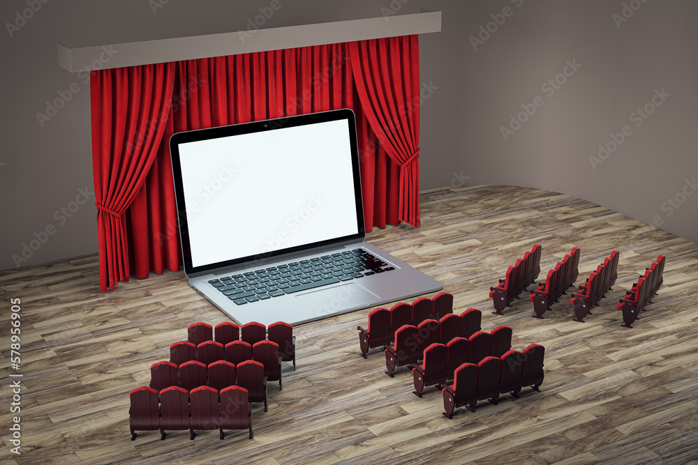 Poster Online movie concept with perspective view on blank white modern laptop monitor with place for your web site or picture in front of chairs on red backstage curtain background. 3D rendering, mock up