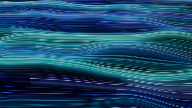 Wavy Neon Lights Background with Blue, Purple and Green Streaks. 3D Render.
