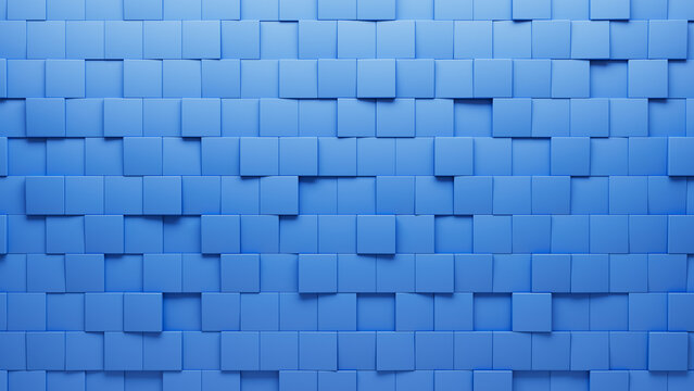 Blue, Square Mosaic Tiles arranged in the shape of a wall. Futuristic, Semigloss, Blocks stacked to create a 3D block background. 3D Render