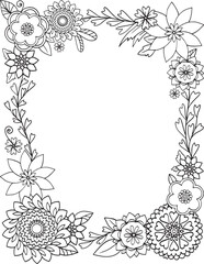 Black and white flower pattern. Doodle floral frame with place for text, coloring book or background decorative. Relaxation for adults and kids. Vector Illustration. 