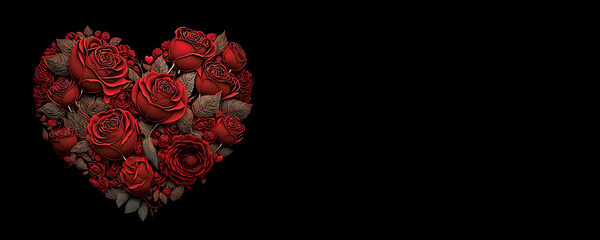 Heart shape made from red roses on black background illustration.