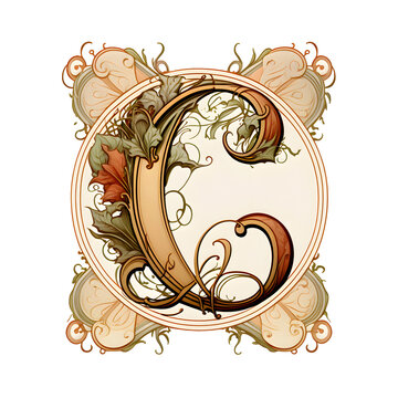 Capital letter of the alphabet C in decorative style with flowers. Letter or initial