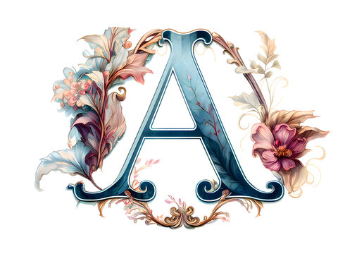 Capital letter of the alphabet A in decorative style with flowers. Letter or initial