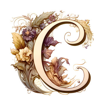 Capital letter of the alphabet C in decorative style with flowers. Letter or initial