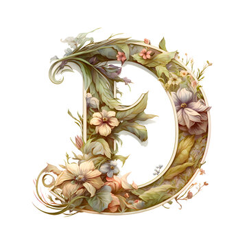 Capital letter of the alphabet D in decorative style with flowers. Letter or initial