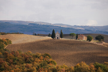 Tuscany landscape with a little chapel of Madonna di Vitaleta