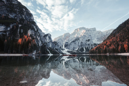 Alpine mountain lake at sunrise. Lago di Braies