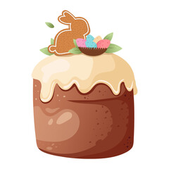 Easter cake with gingerbread bunny and eggs decor isolated on white background. Traditional Easter baking.