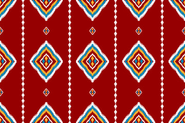 Beautiful ethnic tribal pattern art. Ethnic ikat red seamless pattern. American and Mexican style. Design for background, wallpaper, illustration, fabric, clothing, carpet, textile, batik, embroidery.