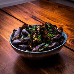 Appetizing seafood served in old fashioned dishes.