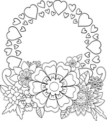 Fototapeta na wymiar Black and white flower pattern. Doodle floral frame with place for text, greeting card, coloring book or background decorative. Relaxation for adults and kids. Vector Illustration. 