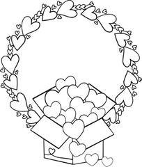 Hand drawn heart wheel and box pattern. Doodle frame with place for text, coloring book or background decorative. Relaxation for adults and kids. Vector Illustration.
