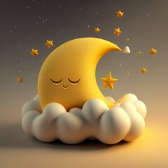 yellow Crescent moon with stars and cute clouds with smiles in smooth 3d style. Baby decoration for sleep products design.