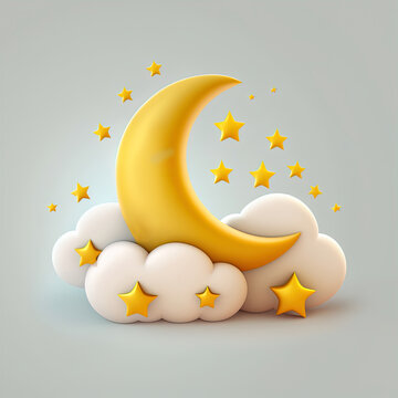 yellow Crescent moon with stars and cute clouds with smiles in smooth 3d style. Baby decoration for sleep products design.