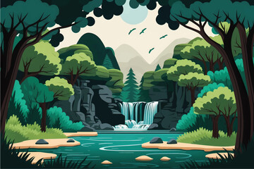 Serene Nature Landscape with Lake, Waterfall & Lush Green Trees - Flat Vector Illustration Ideal for Social Media Posts & Ads