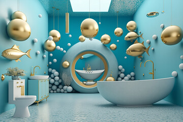 generative AI illustration with an interior bathroom with a nice bathtub, light blue and gold palette, luxury home decor concept theme