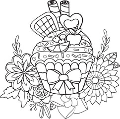 Hand drawn dessert pattern. Doodle sweet cup cake frame with place for text, coloring book or background decorative. Relaxation for adults and kids. Vector Illustration.
