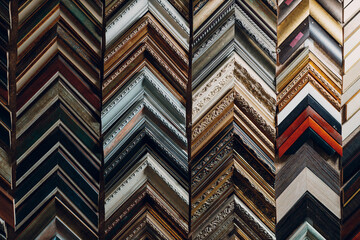 Framing Workshop. Many different samples baguette handmade picture frame at studio.