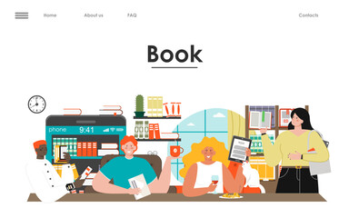 Media book library vector landing page template
