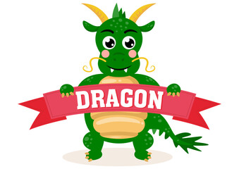 Cute chinese zodiac dragon holding a ribbon banner with the word dragon