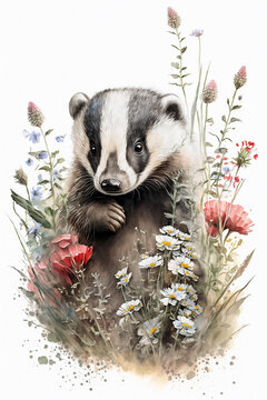 Digital watercolor painting of a badger in a meadow with wild flowers. Generative ai.