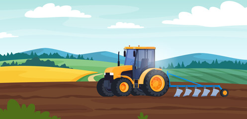 Tractor on the background of nature in a farm field. A heavy machine for working in the field, growing and collecting ecological farm products. Vector illustration