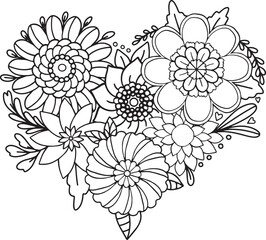Hand drawn floral heart pattern. Doodle design for a coloring book or background decorative. Relaxation for adults and kids. Vector Illustration.
