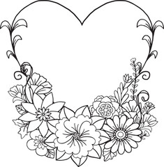Hand drawn heart flower black and white pattern. Doodle frame with place for text, greeting card, coloring book or background decorative. Relaxation for adults and kids. Vector Illustration.
