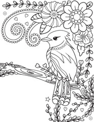 Hand drawn bird and flowers element, black and white pattern. Doodle frame with place for text, greeting card, coloring book or background decorative. Relaxation for adults and kids.
