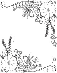 Hand drawn flower black and white pattern. Doodle frame with place for text, greeting card, coloring book or background decorative. Relaxation for adults and kids. Vector Illustration. 

