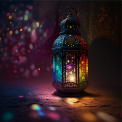 Ramadan Lantern with Light Glowing at Night, Generative ai