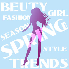 Vector font composition, fashion illustration silhouette of a young slender girl with long hair on the background of letters