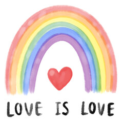 Watercolor hand drawn rainbow with red heart and text LOVE IS LOVE pride month concept 