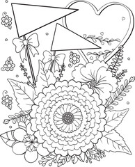 Hand drawn flower pattern. Doodle heart, flag and floral element frame with place for text, coloring book or background decorative. Relaxation for adults and kids. Vector Illustration
