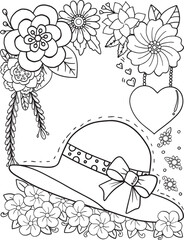 Hand drawn Flower pattern. Doodle hat and floral frame with place for text, coloring book or background decorative. Relaxation for adults and kids. Vector Illustration.
