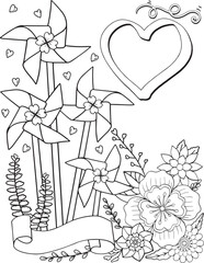 Hand drawn pinwheels, heart and flowers element. Black and white pattern. Doodle frame with place for text, greeting card, coloring book or background decorative. Relaxation for adults and kids. 
