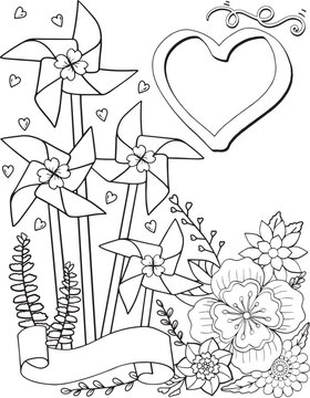 Hand drawn pinwheels, heart and flowers element. Black and white pattern. Doodle frame with place for text, greeting card, coloring book or background decorative. Relaxation for adults and kids. 
