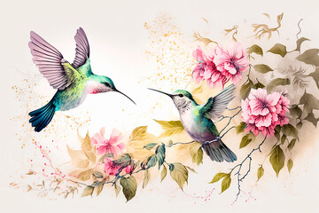 Watercolor painting of colibri birds, pink flowers and leaves on white background. Digital printable artwork. Generative ai.