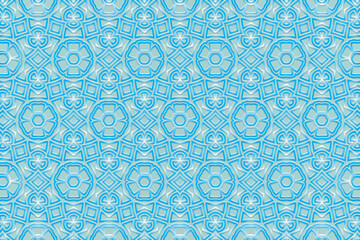 Embossed blue background, cover design. Geometric decorative 3D pattern, press paper, floral art deco. Boho, handmade ethnic themes. Traditions of the East, Asia, India, Mexico, Aztecs, Peru.