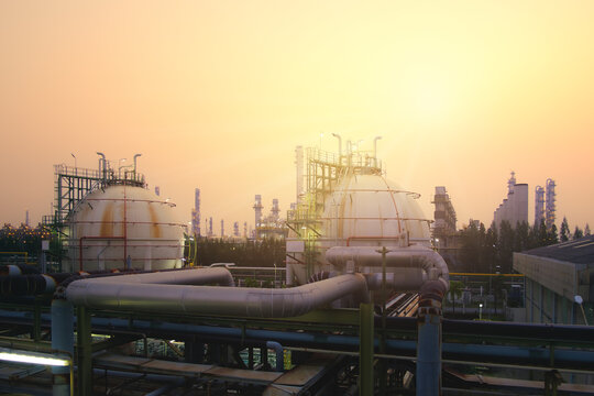 Gas storage sphere tanks and pipeline in oil and gas refinery industrial plant