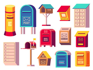 Mailboxes collection. Postbox icons for receiving letters, post container with correspondence, mail newsletter package delivery. Vector cartoon set