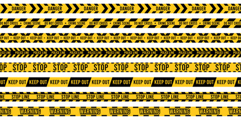 Crime scene ribbon. Warning danger caution tape, yellow police alert stripe border, forbidden boundary and restricted zone sign. Vector isolated set