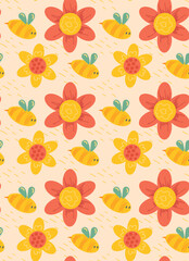 Pattern bright daisy flower and textured bees on yellow background. Flat style