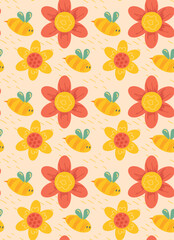 Pattern bright daisy flower and textured bees on yellow background. Flat style