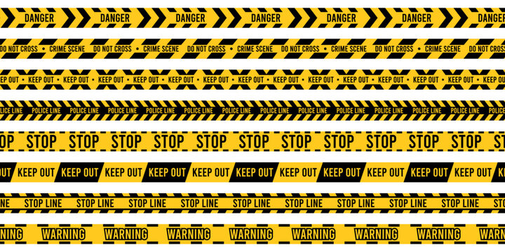 Crime scene ribbon. Warning danger caution tape, yellow police alert stripe border, forbidden boundary and restricted zone sign. Vector isolated set