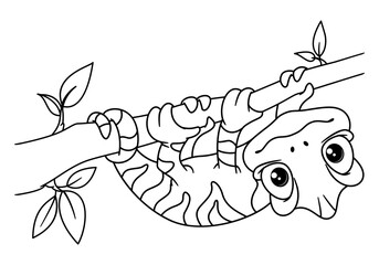 Cute chameleon hanging on branch coloring page. Outline vector cartoon illustration © platinka