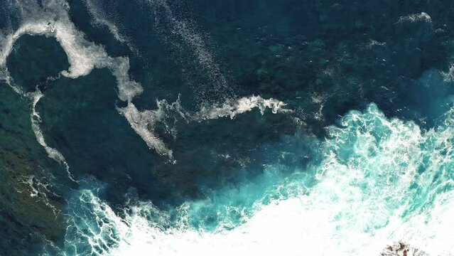 Drone shot of the wild coast of Lanzarote. Waves crashing on the wild coast of Lanzarote Spain.